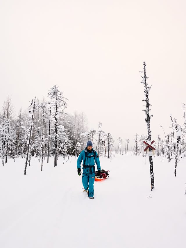 Paweł crossing the Lappland wilderness